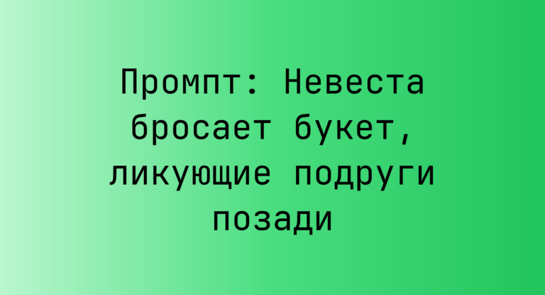 Промпт: Невеста бросает букет, ликующие подруги позади