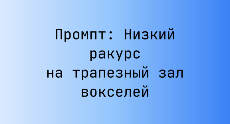 Промпт: Низкий ракурс на трапезный зал вокселей