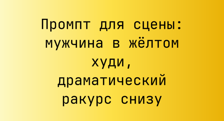 Промпт для сцены: мужчина в жёлтом худи, драматический ракурс снизу