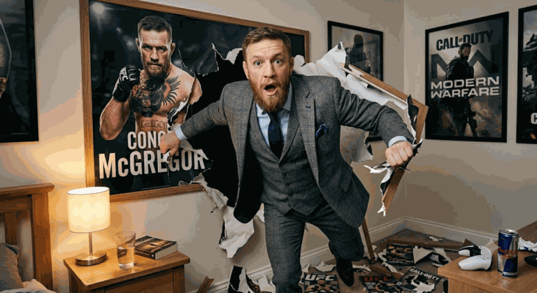 Промпт: Мужчина в клетчатом костюме прорывается через постер Conor McGregor (Конора Макгрегора)