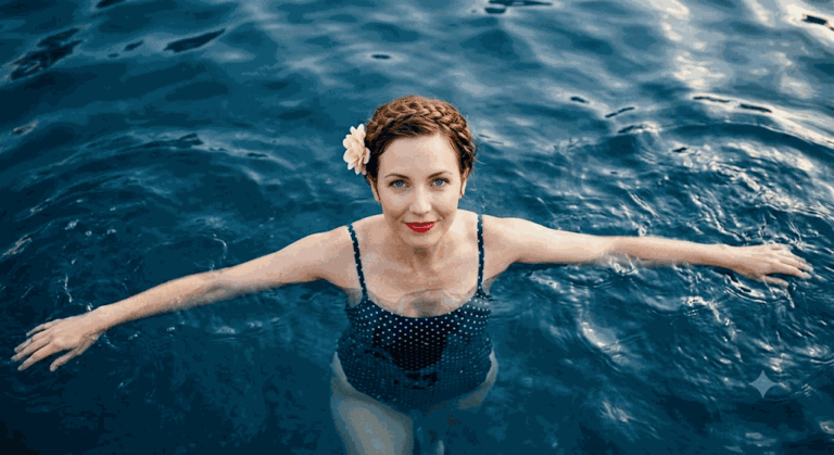 Промпт: Фотореалистичная женщина в гороховом купальнике в синей воде, вид сверху