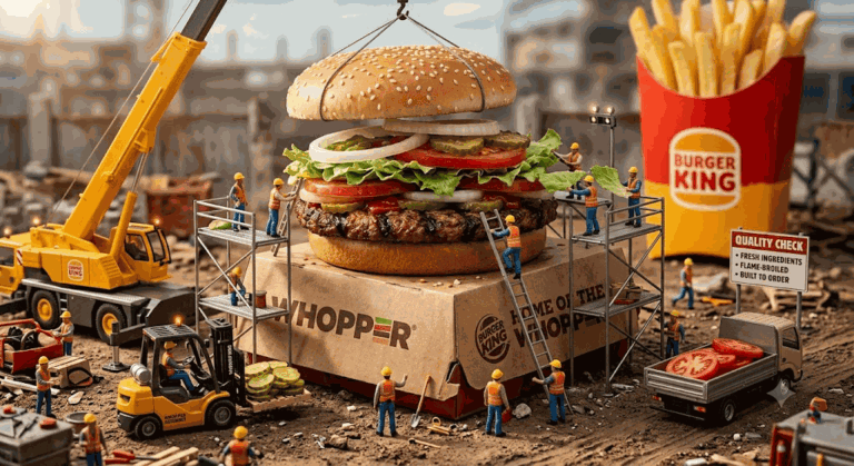 Промпт: Гиперреалистичный 3D Whopper на стройплощадке, собирают миниатюрные строители