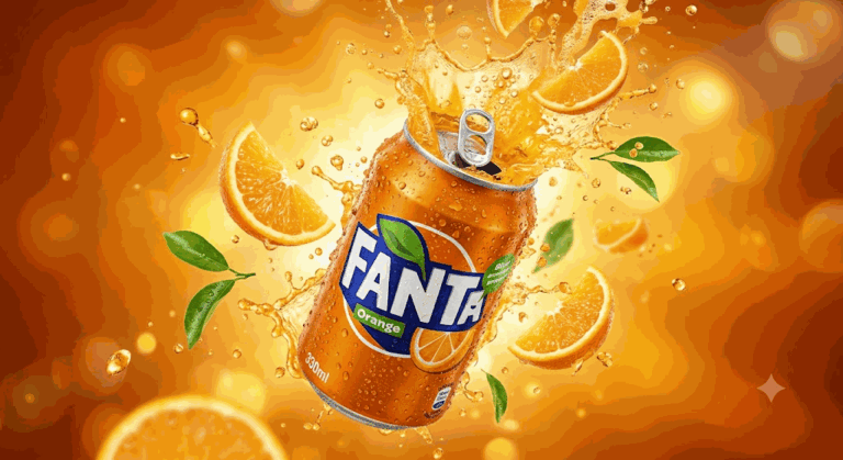 Промпт: Гиперреалистичная банка Fanta с апельсиновым всплеском, крупный план