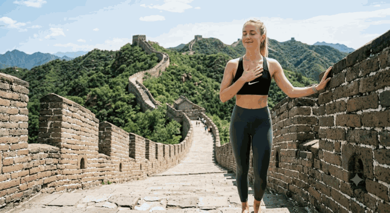 Промпт: Спокойная блондинка в Nike на Великой Китайской стене