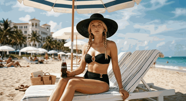 Промпт: Блондинка в черном бикини и шляпе с бутылкой Coca-Cola, ретро 1950-х