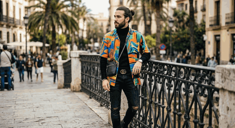 Промпт: Стильный мужчина у черного кованого ограждения, яркий fashion-портрет