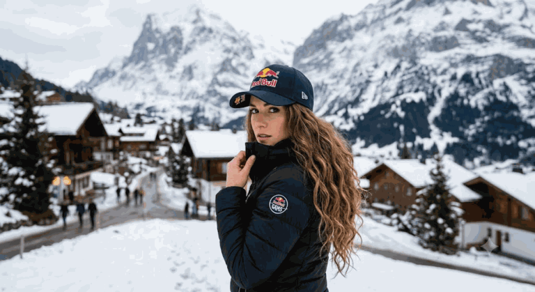Промпт: Женщина в кепке Red Bull, взгляд через плечо, снежная альпийская деревня