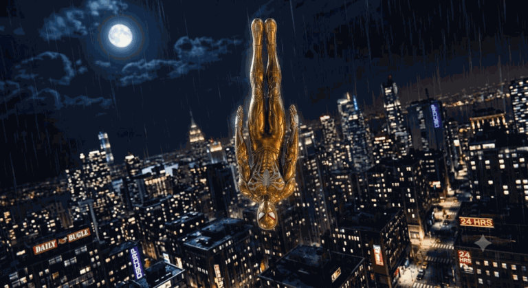 Промпт: Spider-Man в золотом металлическом костюме в прыжке над дождливым ночным мегаполисом
