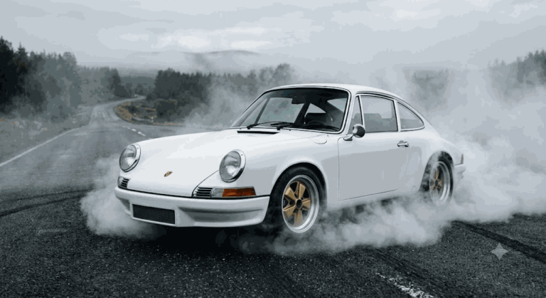 Промпт: белый классический Porsche с золотыми спицами в низком дыме