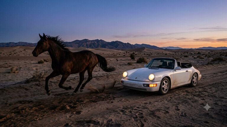 Промпт: Белый Porsche кабриолет и галопирующий темный конь на закатной пустыне