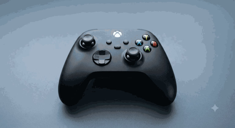 Промпт: Черный контроллер Xbox на матовой поверхности, минималистичная продуктовая съемка