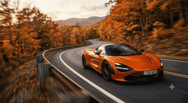 Промпт: Оранжевый McLaren на осенней горной дороге, пэнинг