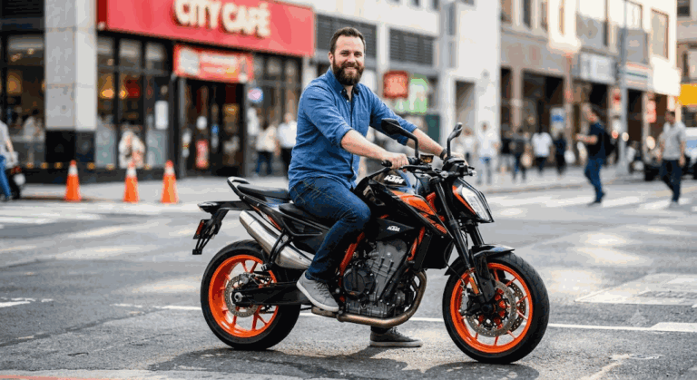 Промпт: Мужчина на черно-оранжевом KTM, яркий коммерческий портрет