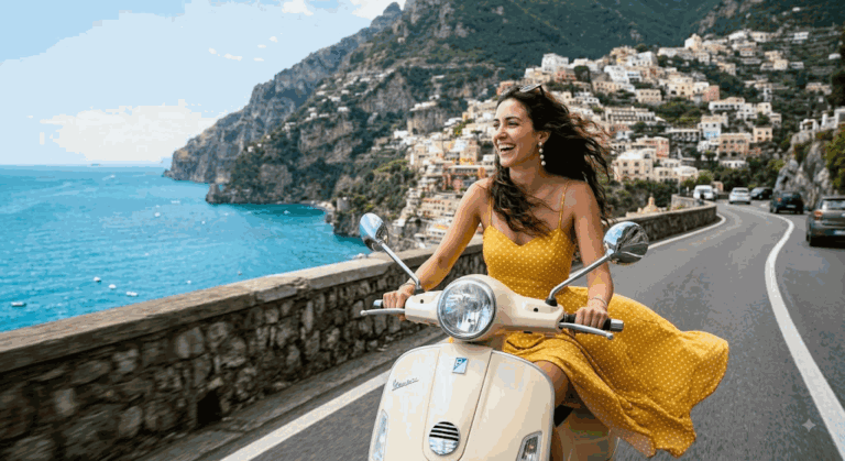 Промпт: Улыбающаяся женщина в желтом платье-горошек на кремовой Vespa, прибрежный крупный план