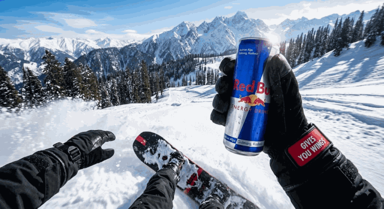 Промпт: вид от первого лица с банкой Red Bull на сноуборде