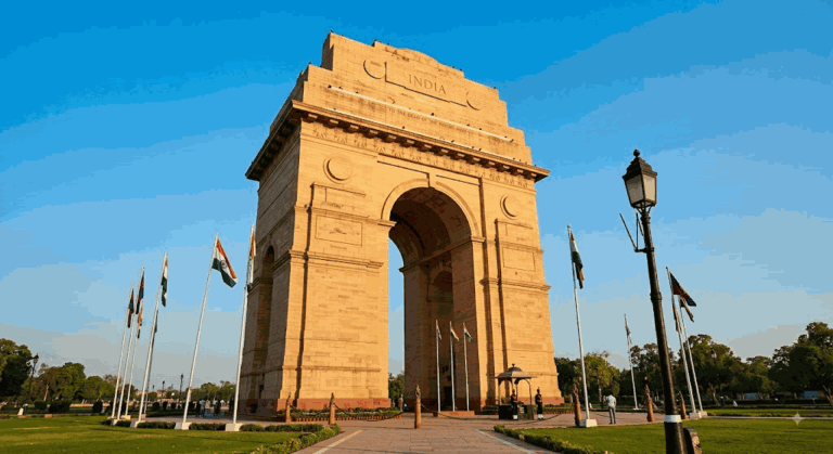 Промпт: India Gate — низкий ракурс, золотой солнечный свет
