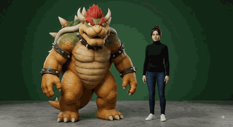 Промпт: Фотореалистичный 3D-рендер Bowser рядом с молодой женщиной