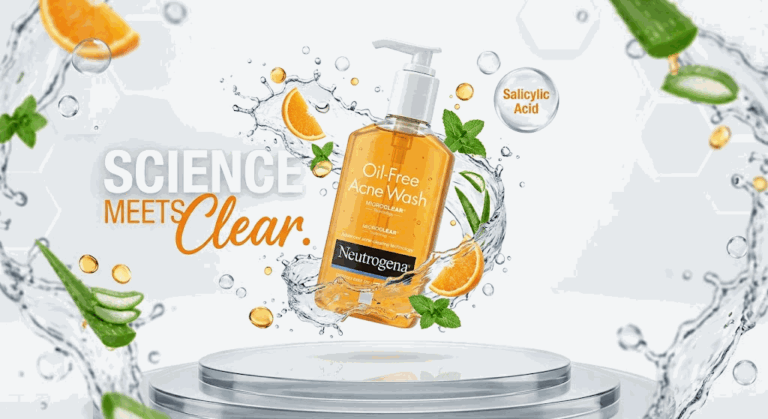 Промпт для рекламы Neutrogena: плавающая бутылка, брызги и ингредиенты