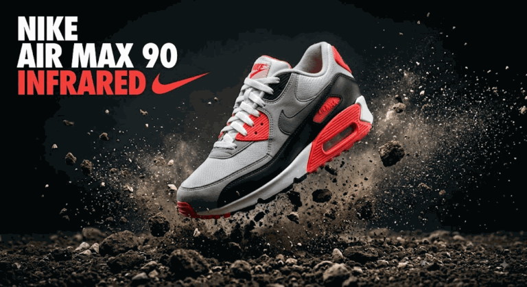 Промпт: Nike Air Max 90 в прыжке, взрыв пыли, студийная съемка