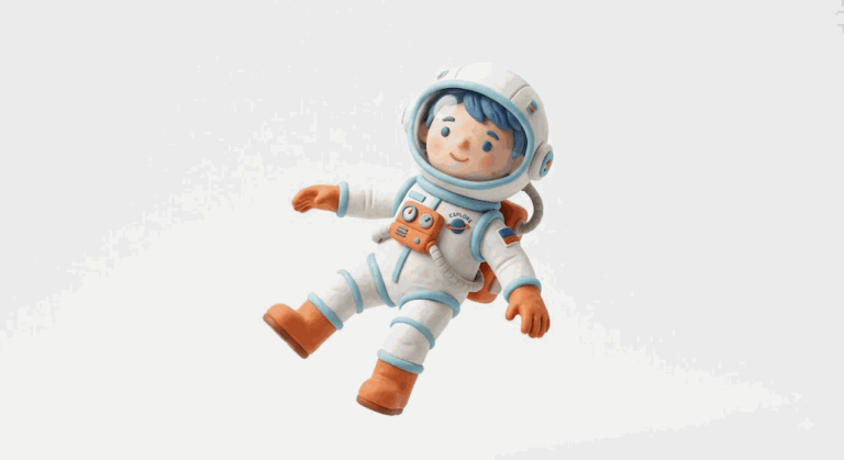 Промпт: мультяшный астронавт 3D claymation, плавающий на белом фоне