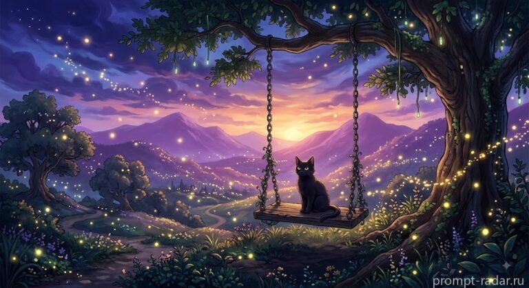 Промпт: Черный кот на деревянных качелях в сумерках, Studio Ghibli (Студия Гибли)