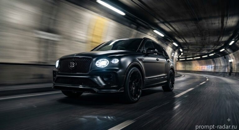Промпт: Черный люксовый SUV с эмблемой B, стремительный ракурс в тоннеле