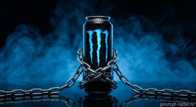 Промпт: Черная банка Monster Energy в тяжелых цепях, синее освещение