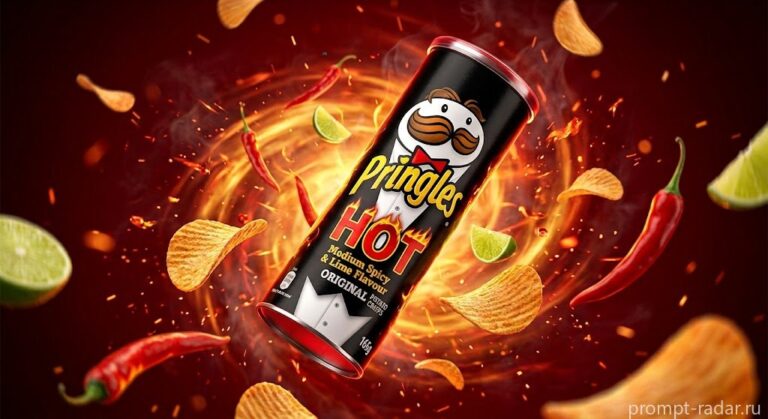 Промпт: Черная банка Pringles HOT в воздухе, летящие чипсы и чили, 3D-рендер