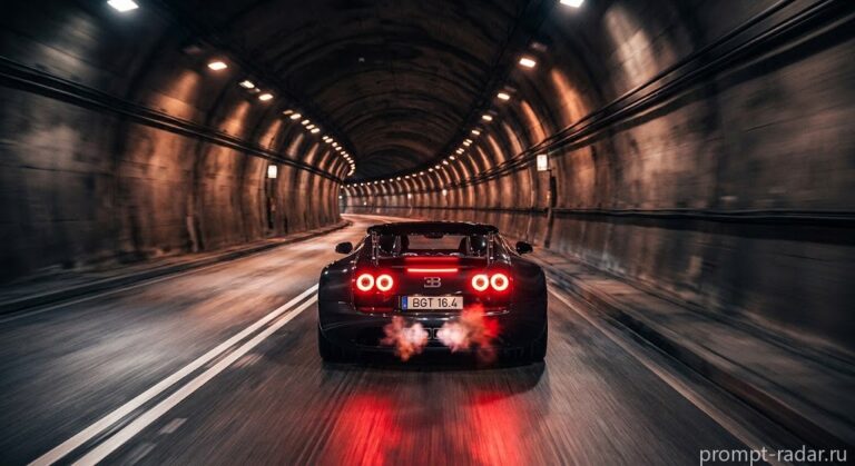 Промпт: Фотореалистичный кадр черного Bugatti Veyron в ночном туннеле