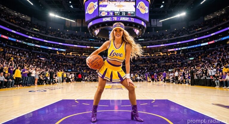 Промпт: Чирлидер в форме Lakers с мячом на баскетбольном корте