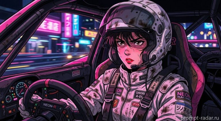 Промпт: Крупный план аниме-женщины-пилота в розовом гоночном автомобиле ночью, неон