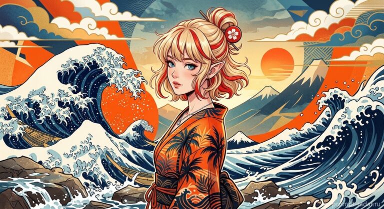 Промпт: аниме-профиль девушки в оранжевом кимоно, волна Hokusai (Хокусай)