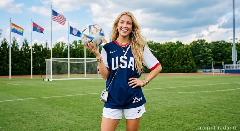 Промпт: Улыбающаяся блондинка в футболке USA с ярким мячом на поле