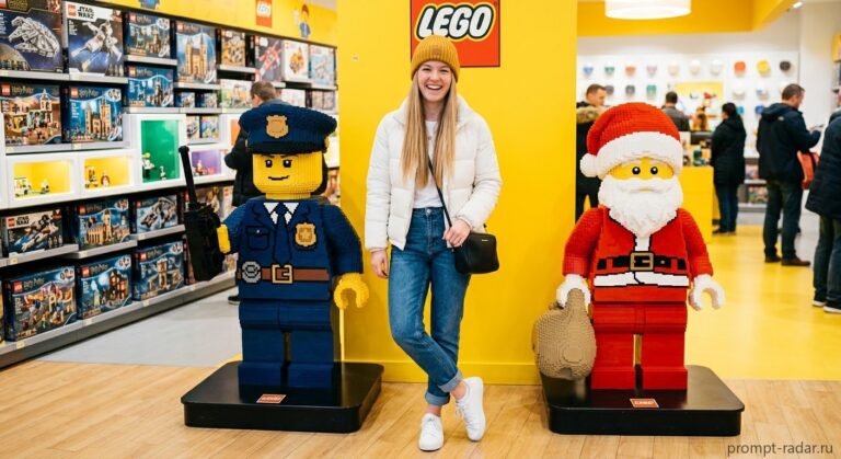 Промпт: улыбающаяся девушка между минифигурками LEGO — полицейским и Сантой в магазине