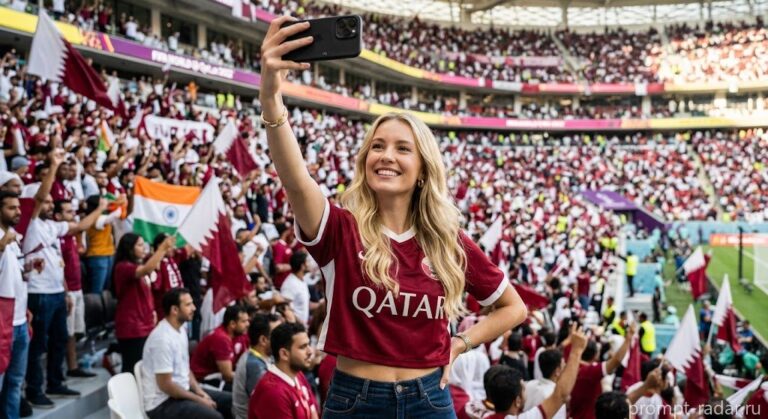 Промпт: Блондинка в джерси “QATAR” делает селфи с мирным жестом на стадионе