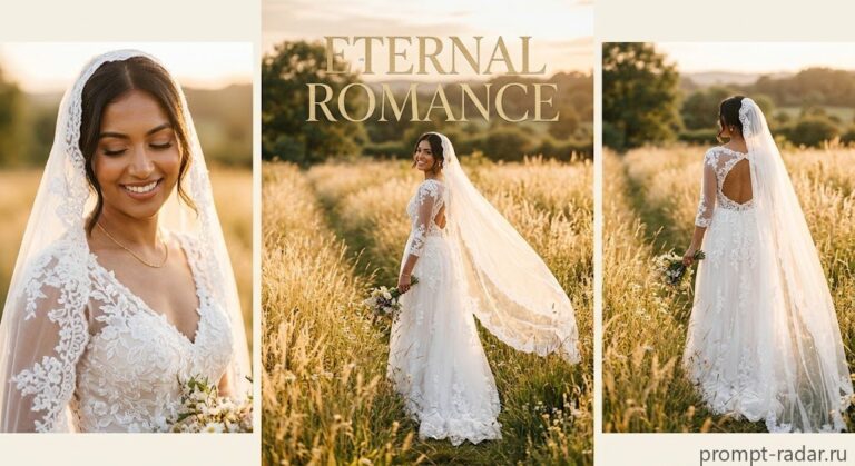 Промпт: романтичный свадебный портрет-коллаж в золотом поле с надписью ETERNAL ROMANCE