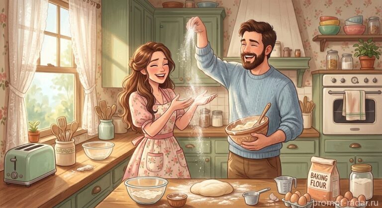 Промпт: радостная пара печет в солнечной пастельной кухне