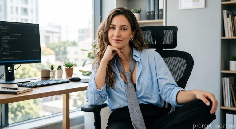 Промпт: Женщина в офисе, расстегнутая рубашка, уверенный взгляд, естественный свет