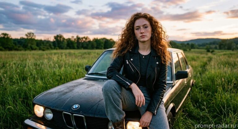 Промпт: Девушка с каштановыми волнистыми волосами на капоте ретро BMW на закате