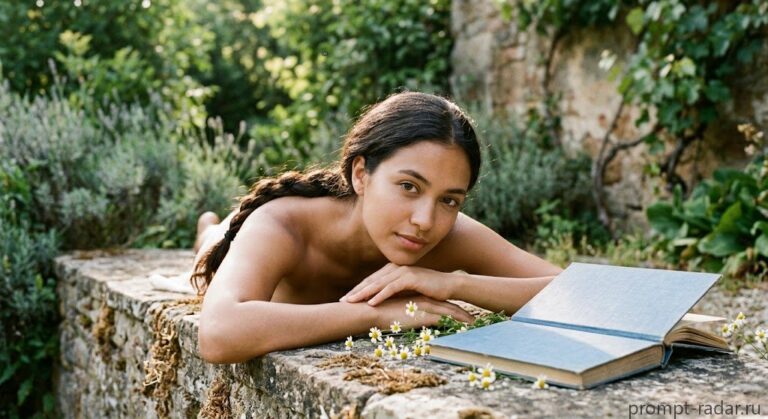 Промпт: молодая женщина с косой, лежа на камне, книга и белые цветы