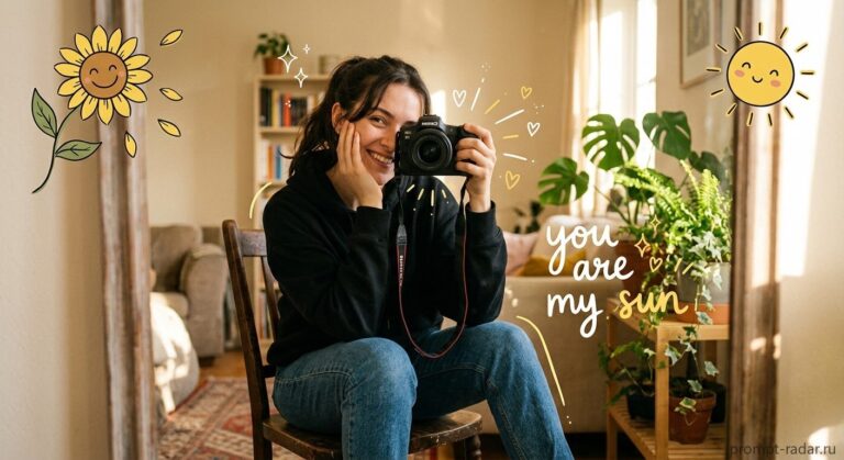 Промпт: Девушка с DSLR в зеркале, солнечная уютная комната, рисунки