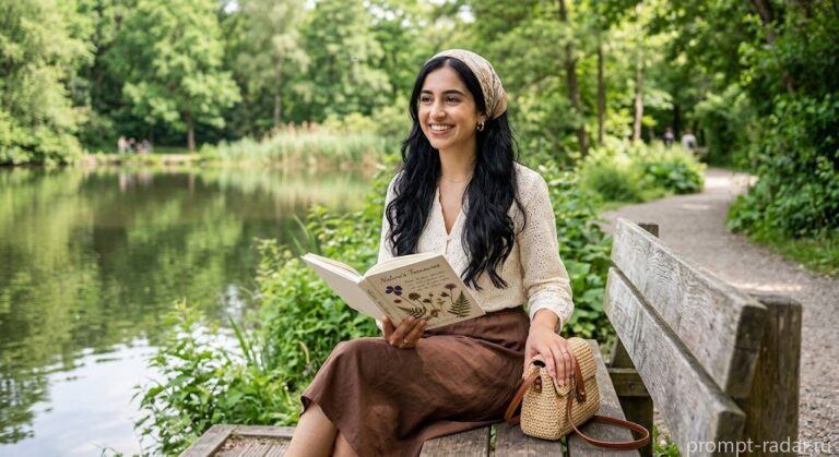 Промпт: улыбающаяся женщина с книгой и соломенной сумкой в парке