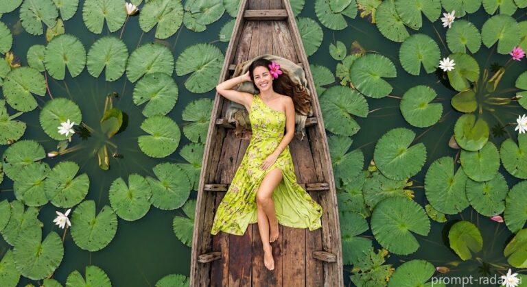 Промпт: Женщина в лодке среди кувшинок, вид сверху, яркая фотография