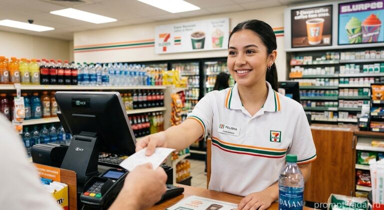 Промпт: Кассирша 7-Eleven улыбается и протягивает чек
