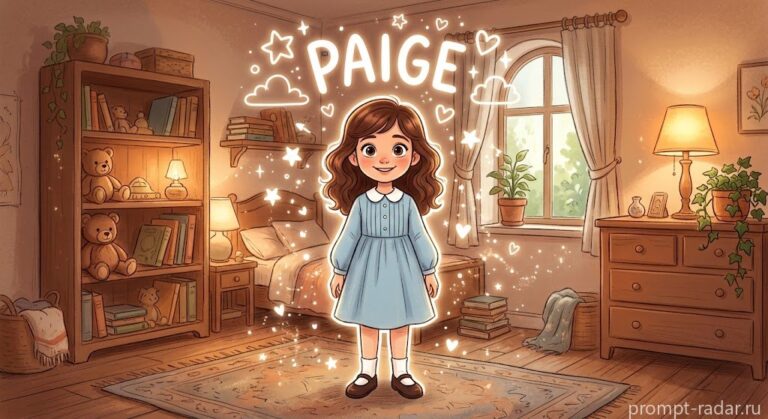Промпт: Светящаяся мультяшная девочка Paige в уютной спальне с магическими искрами