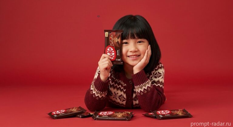 Промпт: коммерческая съемка девушки в кардигане, лежащей с KitKat на красном фоне