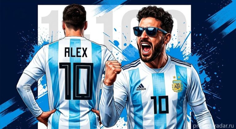 Промпт: Спортивный постер — игрок Аргентины №10 с кулаком, сзади “ALEX”