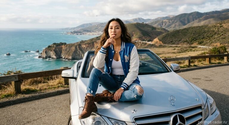 Промпт: Фотореалистичный портрет азиатской девушки на капоте Mercedes у побережья