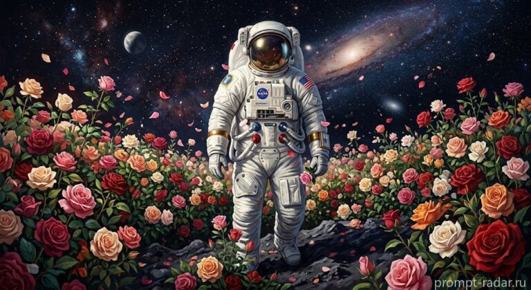 Промпт: Астронавт в белом скафандре среди роз на темном космическом фоне