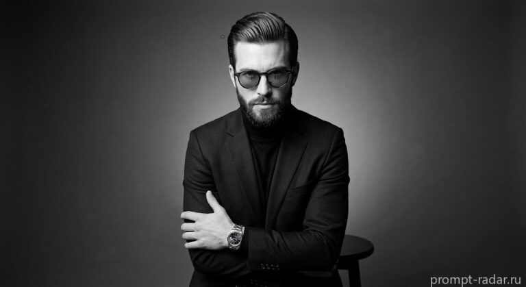 Промпт: Черно-белый фэшн-портрет мужчины в строгом костюме и круглых очках
